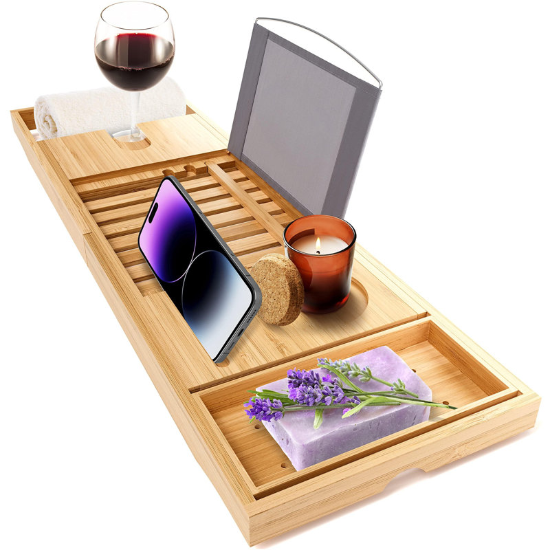 Plateau de rangement pour baignoire de luxe en bambou - Organisateur de baignoire réglable en bois naturel avec support à vin, placement de tasses, porte-savon, espace pour livres et emplacement pour téléphone
