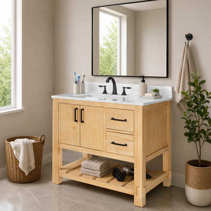 Meuble-lavabo de style campagnard de 91 cm (36 po) avec lavabo, en bois massif, 2 tiroirs, 2 portes à fermeture amortie, étagère de rangement ouverte, comptoir et dosseret en marbre de 2 cm (0,79 po), brun clair