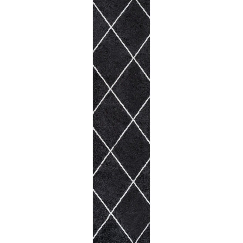 Birute Minimalist Diamond Trellis Black/White Rug, Runner 2' x 10'