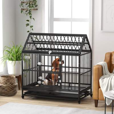 Cage pour chien robuste de 48 po avec 4 roues verrouillables, portes doubles et plateau amovible, pour chiens de grande taille et de petite taille