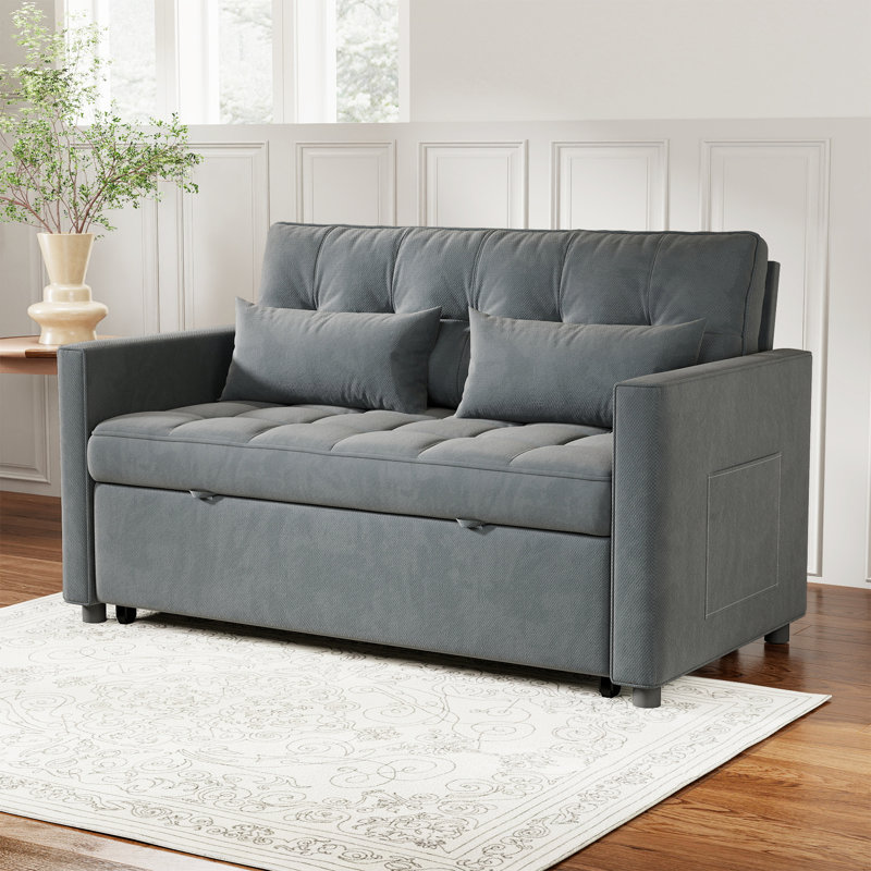 Embossed Velvet Modern Convertible Sleeper Sofa, 54'' Upholstered Couch For Small Apartment, 440 Lb Weight Capacity Sleeper Sofa