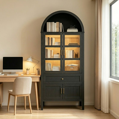 Bibliothèque cintrée de 180 cm de haut avec éclairage et portes en verre trempé, étagères réglables pour bureau et salon