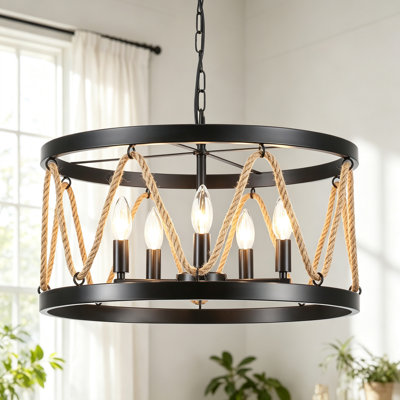 5 - Light 20 inch Dimmable Black Drum Chandelier with Hemp Rope Decoration for Living Room