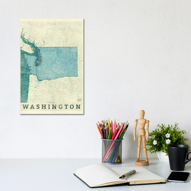 Washington Map 1 Piece Wrapped Canvas Wall Art, 20.32 cm H x 30.48 cm W