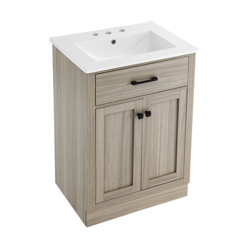 Burdon 24 In. Bathroom Vanity With 3-Hole Ceramic Sink Top, White, Brown, Matte Black