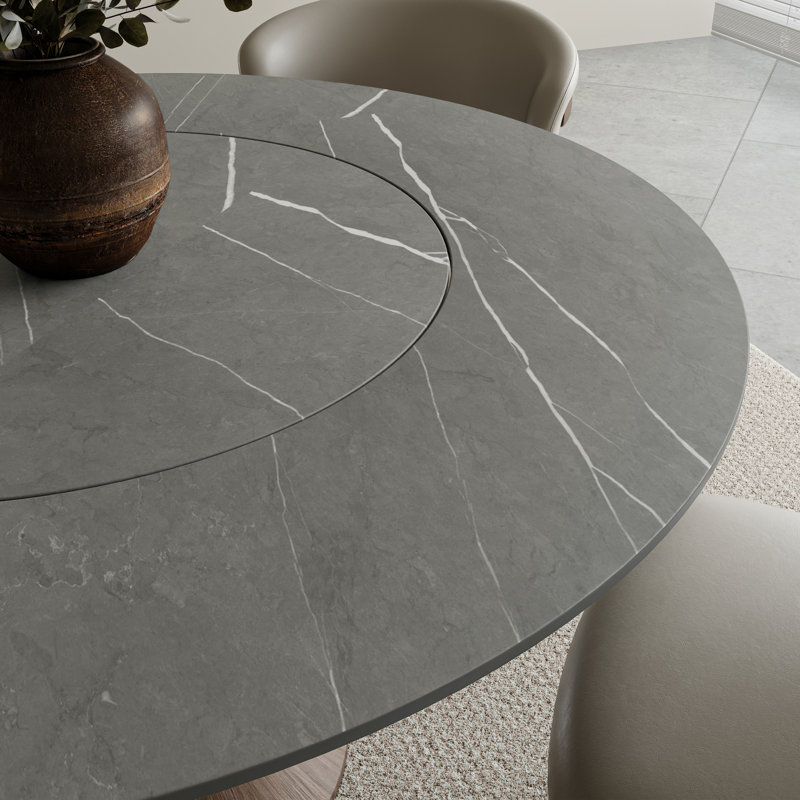 Innovative Built-In 360° Lazy Susan Luxurious Round Dining Table Kitchen Table, 29.52"H x 53.15"L x 53.15"W, Light Gray