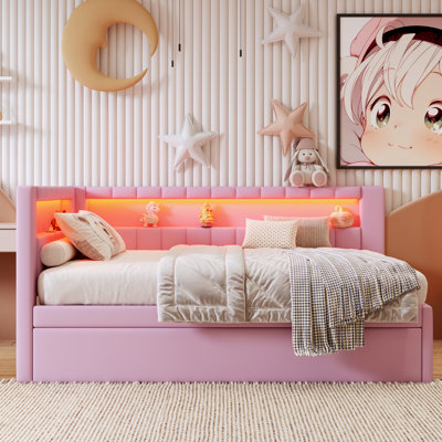 Upholstered Full Size Platform Bed With USB Ports And LED Belt, With Trundle, Pink
