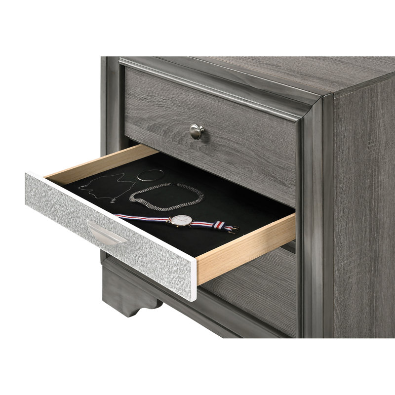 Table de chevet grise avec finition texturée et options de rangement pratiques, Gris