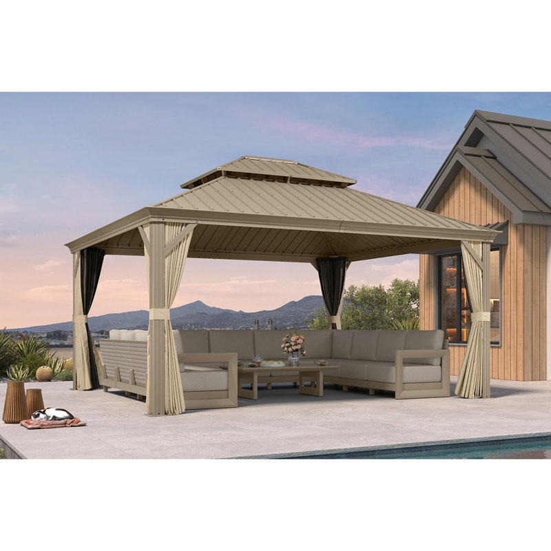 PURPLE LEAF Outdoor Gazebo 13'X15'，Champagne Hardtop Gazebo With Galvanized Steel Double Roof, Permanent Patio Gazebo With Curtains And Netting For Patio Lawn Garden And Deck