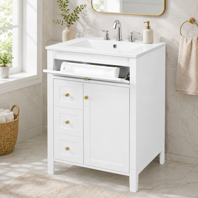Meuble-lavabo Heywood avec lavabo en céramique, 3 tiroirs, portes et poignées à fermeture en douceur