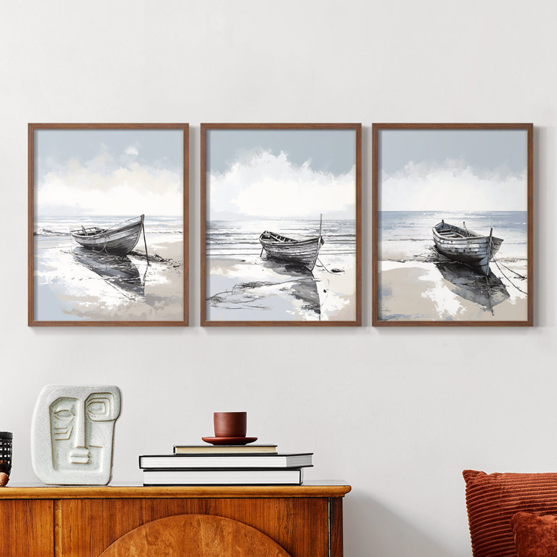 Série Sea and Shore CXV - Ensemble de 3 estampes numériques encadrées - Prêt à être accroché, Cadre noyer, H 20 po x l 16 po
