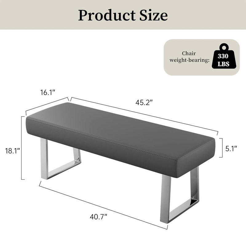 Gray Faux Leather Bedroom Bench with Chrome Metal Legs