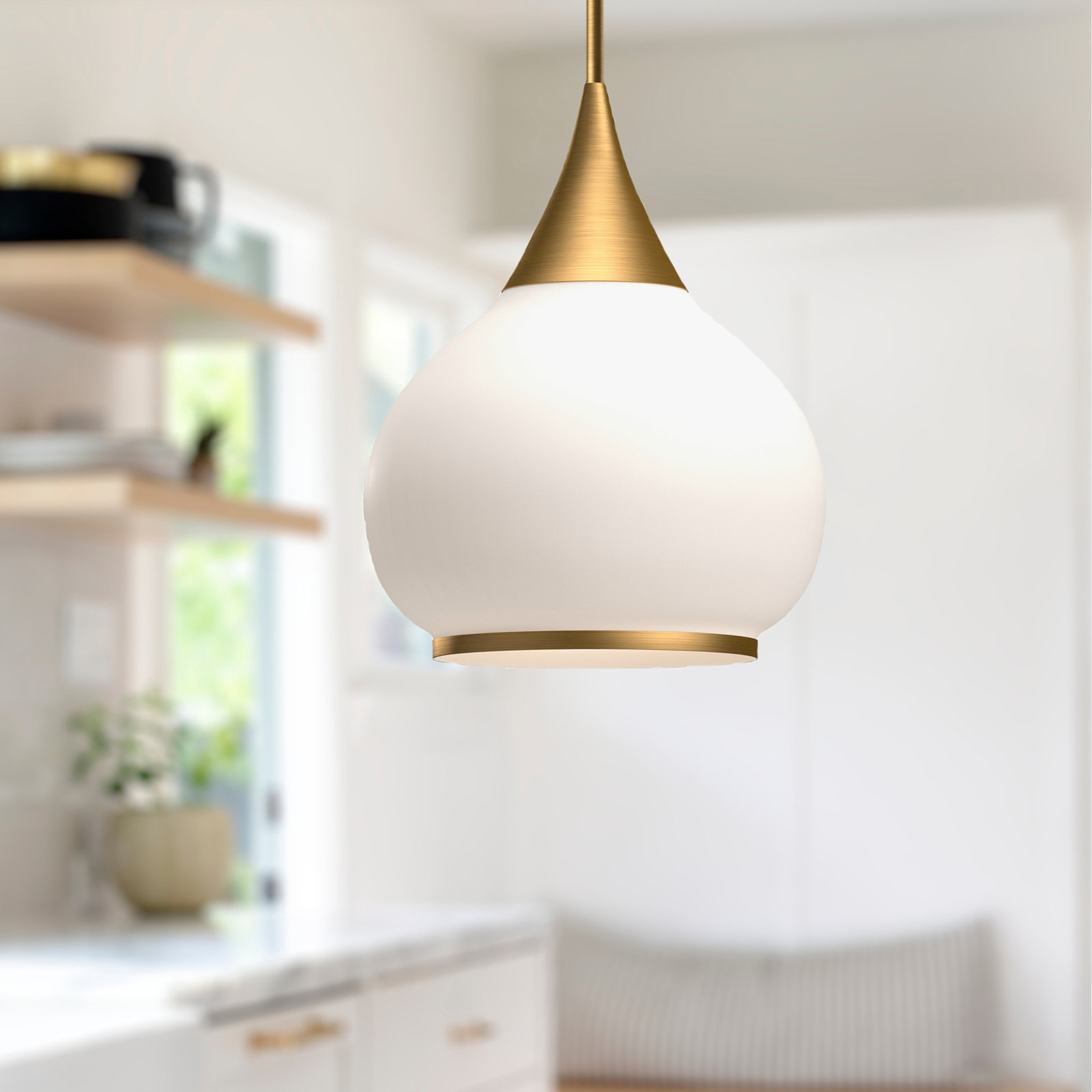 Hazel Single Light Glass Pendant, Opal, Aged Gold, 68" H x 14" W x 14.13" D
