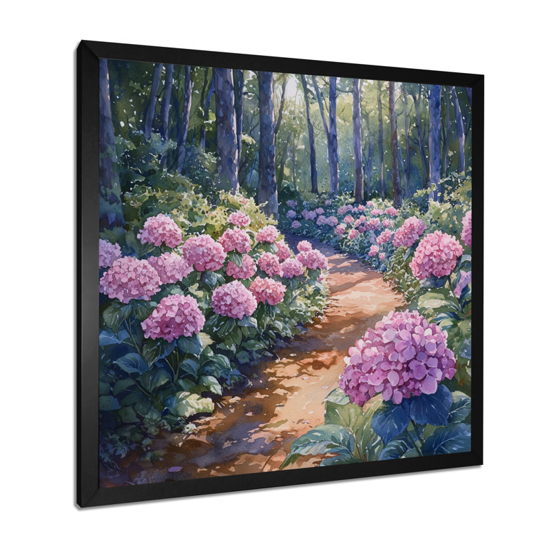 Hydrangeas In The Forest Path - Hydrangea Wall Art, Single Picture Framed Print, Black, 16" H x 16" W