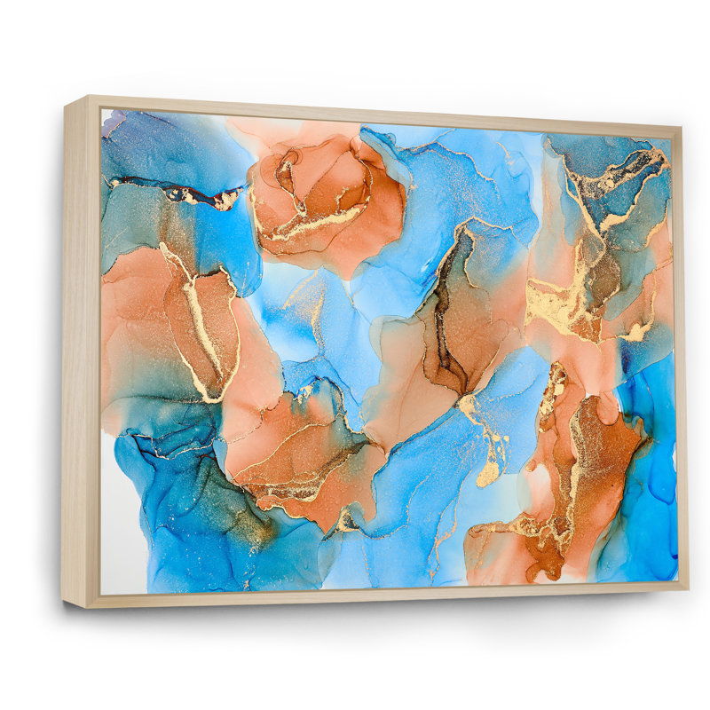 Turquoise et brun, luxe abstrait, fluide VI - peinture sur toile, H 24 po x l 32 po x P 1 po, Cadre flottant érable