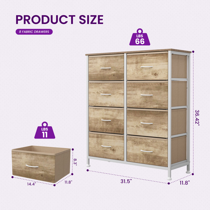 Bedroom Dresser with 8 Drawers Tall Dresser Chest of Drawers Fabric Dresser Modern Dresser, Golden Oak