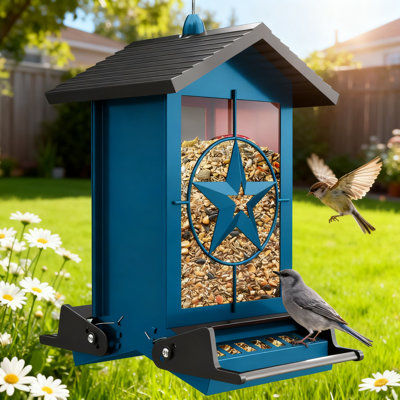 Mangeoire pour oiseaux à l'épreuve des écureuils à suspendre à l'extérieur, mangeoire pour oiseaux sauvages activée par le poids entièrement en métal avec perchoirs latéraux, grande capacité de 5 lb pour le cardinal Geai bleu et d'autres petits oiseaux