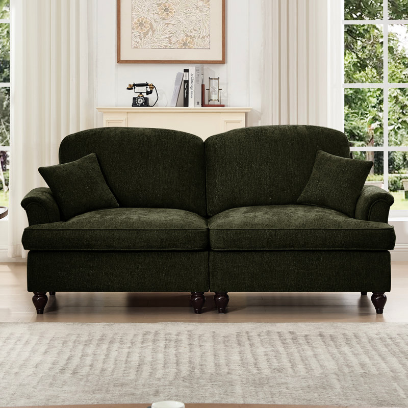 Élégant canapé à deux places avec accoudoirs évasés, volants segmentés et amovibles pour les dossiers décoratifs en forme de fleur Mid Century