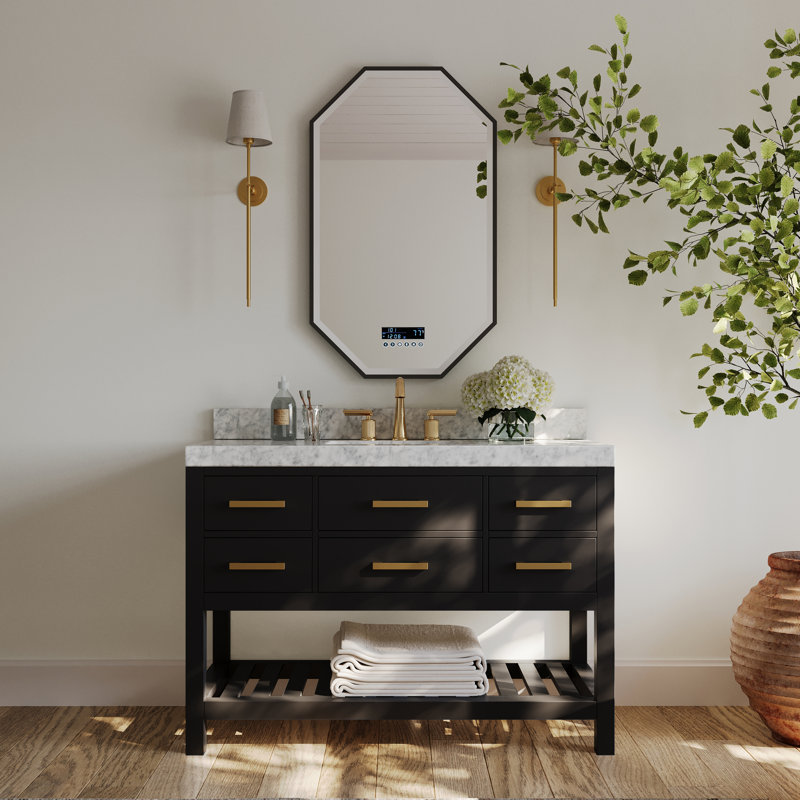 Ensemble de meuble-lavabo simple 48 po Carrie, Noir onyx / or brossé, Marbre blanc de Carrare