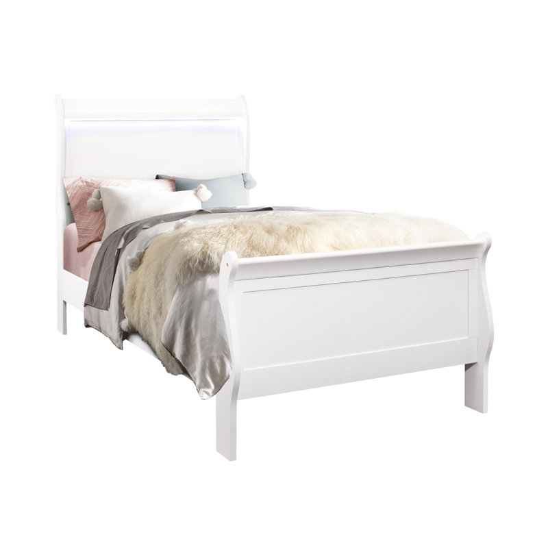 Lit simple blanc, bois massif +, lumières à DEL, style, lit moderne de 68,03 lb avec éclairage au fini