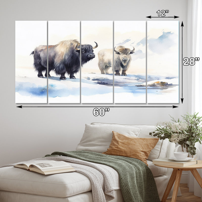 Domestique yak II - animaux, art mural, salon - 5 panneaux égaux