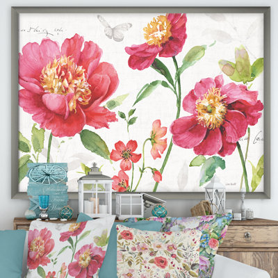 «Red Springflowers and Handpainted Butterfly», reproduction d'art sur toile