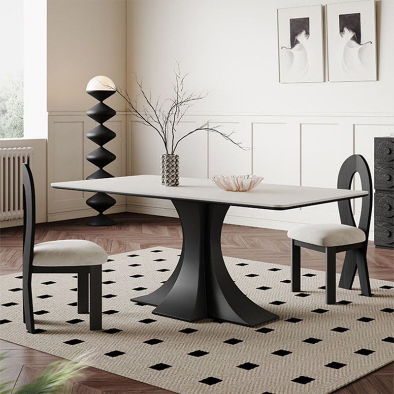 White + Black Rectangular Sintered Stone + Iron Dining Table, 29.53"H x 70.87"L x 35.43"W