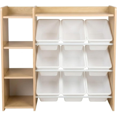  Toy Storage Organizer with Bookshelf, 9 Removable Storage Bins for Kids Playroom, Toy Organization and Storage, Solid Wood, Natural/White