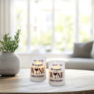 Bougies en verre DEL à piles avec flamme vacillante, la vie est belle, le vin le rend meilleur - 2 pièces