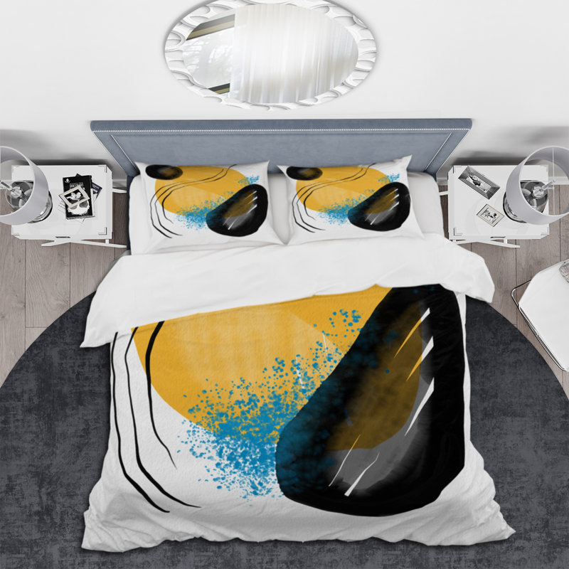 Ensemble de housse de couette en microfibre jaune / noir mat / bleu, Housse de couette pour grand lit et 2 taies décor