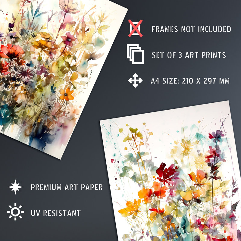 Wildflowers Colourful Floral Artworks Flower - 3 Piece No Frame Print Set, 29.7cm H x 21cm W x 0.4cm D