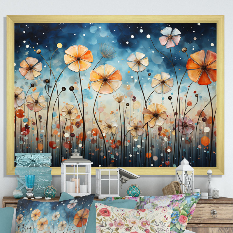 Blue Dandelion Floral Symphony III - Floral Canvas Art Print, H 34 po x l 44 po x P 1,5 po, Encadrement doré