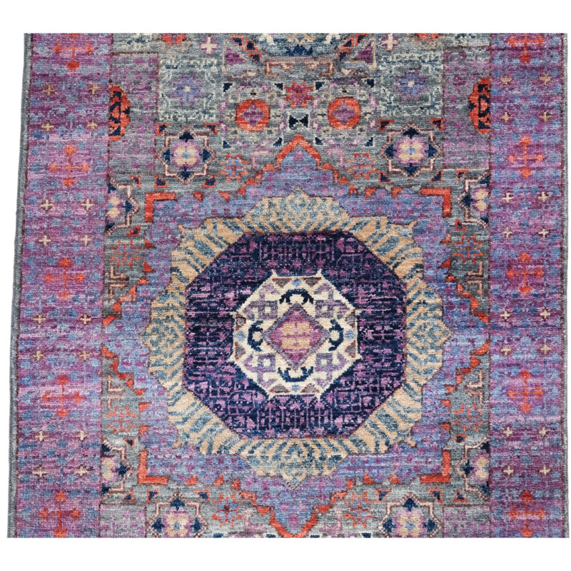 Hand Knotted Wool Area Rug in Gray And Purple