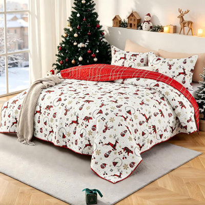 Ensemble de courtepointe pour grand lit de Noël avec literie renne, bonhomme de neige et père Noël