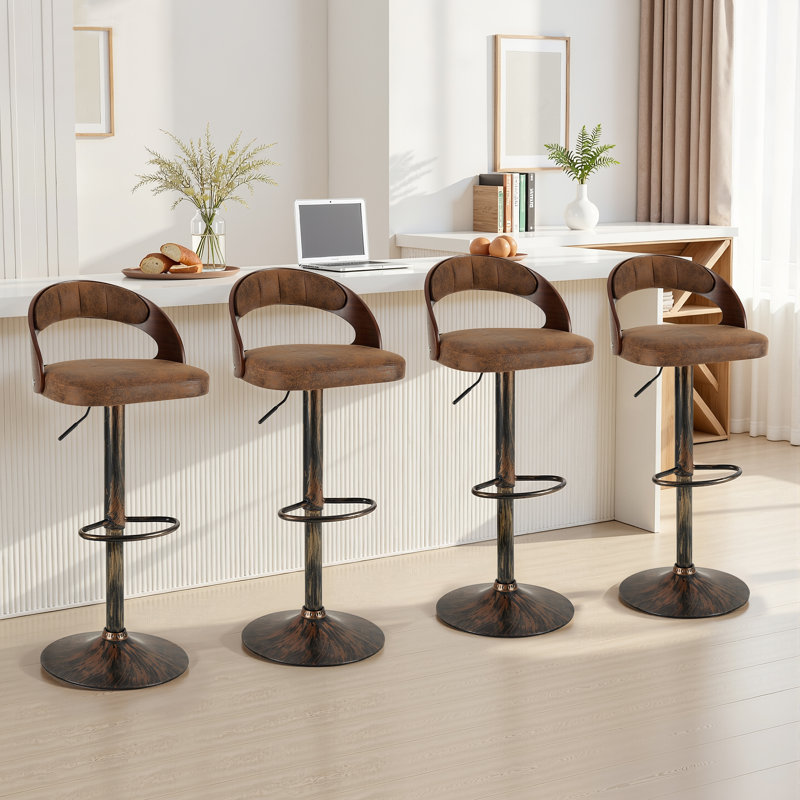 George Set of 4 Adjustable Height Bar Stools Mid-Century Modern Faux Leather Wood Chair 360° Swivel, Industrial Pedestal Base, for Kitchen, Counter, Home Bar