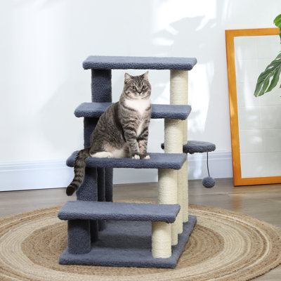 4 Levels Cat Steps, Gray With Scratching Posts, Play And Side Step For Guardians 4-Level Stairs , Hanging Feline Parents Up To 10Lbs,