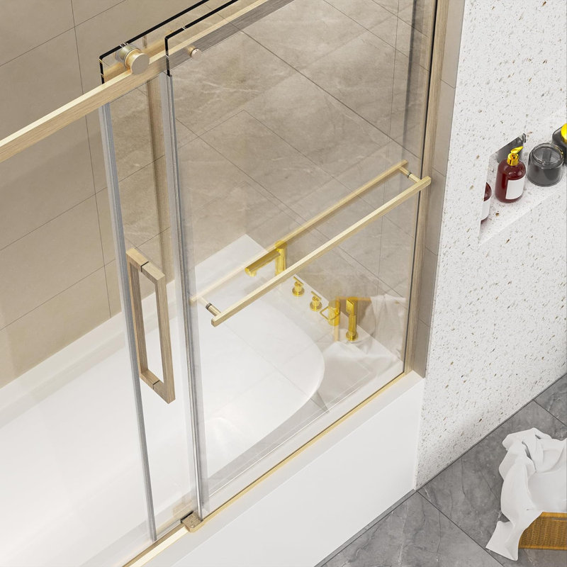 59"W x 60" H Single Sliding Frameless Tub Door with 5/16"(8mm) Clear Tempered Glass, Gold