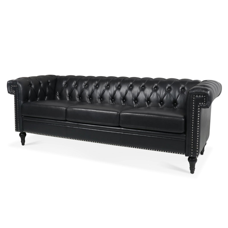 Canapé Chesterfield 84,6 po rembourré en similicuir avec accoudoirs roulés à 3 places et pieds en bois massif, Noir 1, Noir