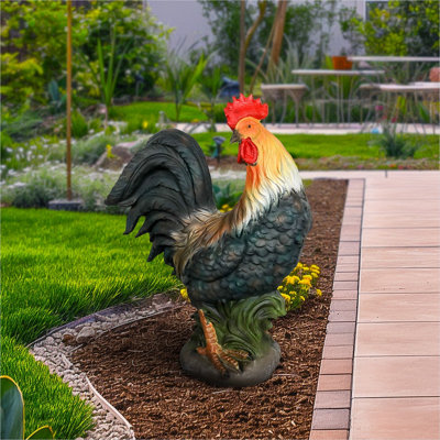 Grande statue de jardin coq de ferme avec construction en béton résistant aux intempéries en noir élégant, 22,8 pouces de hauteur