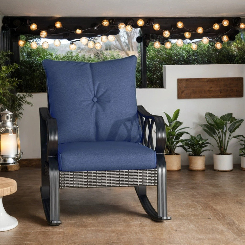 Chaise berçante d'extérieur avec coussins moelleux et rotin résistant aux intempéries, Bleu