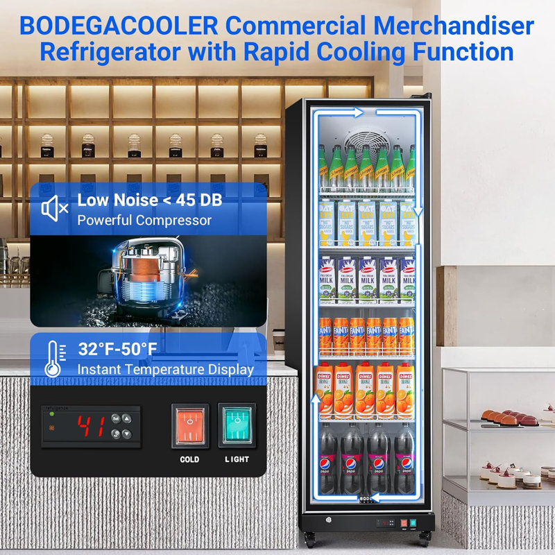Réfrigérateur commercial pour boissons 12,5 pieds cubes, porte vitrée verticale avec éclairage à DEL, tablettes réglables et roulettes mobiles - noir