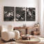 Ensemble de 3 tableaux muraux sur toile de style oriental noir et blanc, représentant des branches de cerisier en fleurs.-1436682548