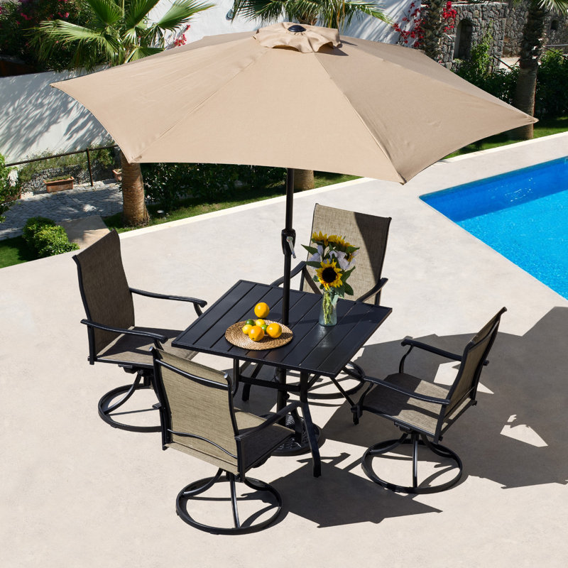 Ensemble repas d'extérieur 7 pièces avec chaises pivotantes, table carrée, parasol et base de jardin, balcon, bord de piscine
