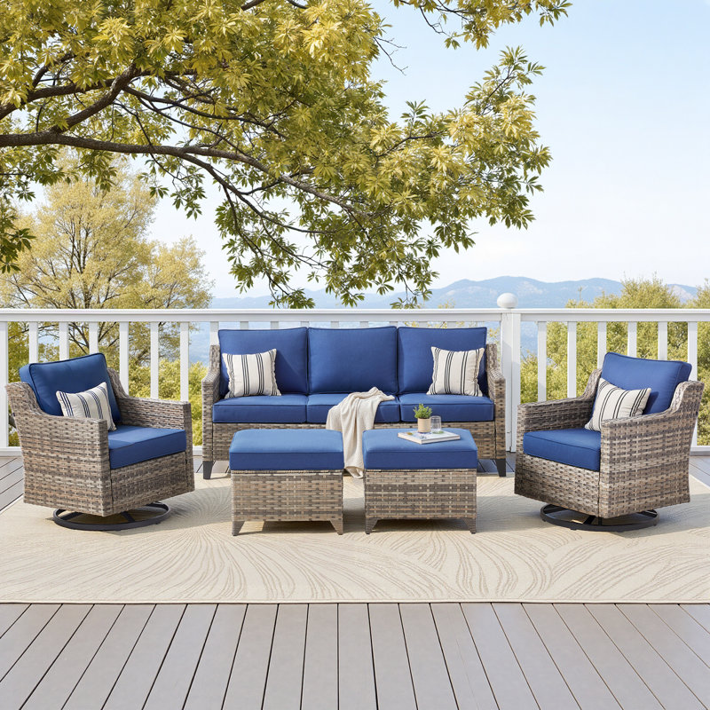 Ensemble de meubles de patio extérieur 5 pièces, chaises modulaires pivotantes en osier de rotin avec repose-pieds, Bleu