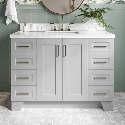 Freitas 48'' Solid Wood Single Bathroom Vanity in Grey with 1.5'' Carrara Marble Top, Center, Rectangle Sink