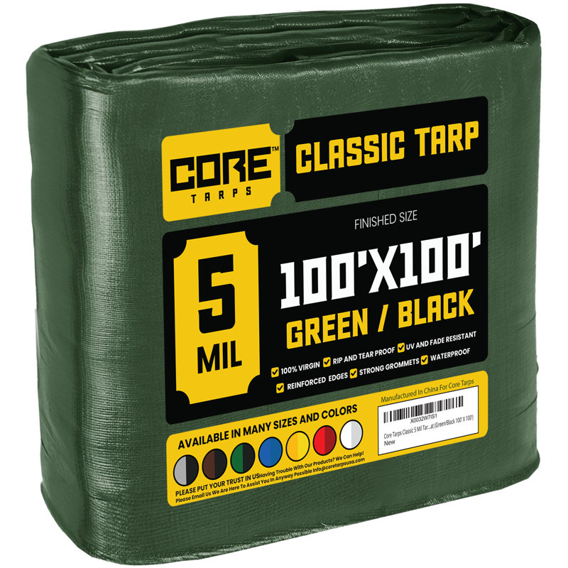 Toile en polyéthylène robuste de 100 pi x 100 pi 5 mil, imperméable et résistante aux rayons UV, Vert / noir