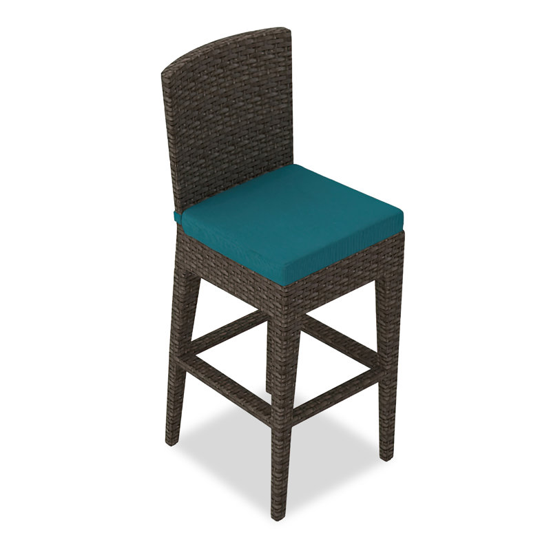 Arden Outdoor Bar Stool, Spectrum Indigo Sunbrella®, Chestnut, 28.75"