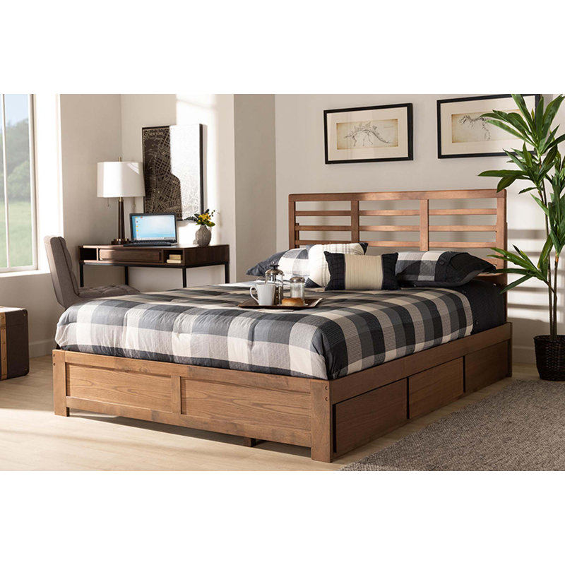 Ash Walnut King Size Wood Frame Upholstered Storage Bed with 3 Drawers