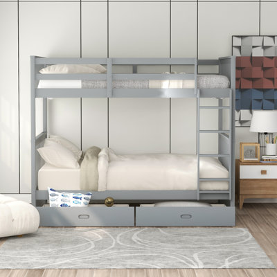 Lit superposé simple au-dessus de simple avec échelles et deux tiroirs de rangement