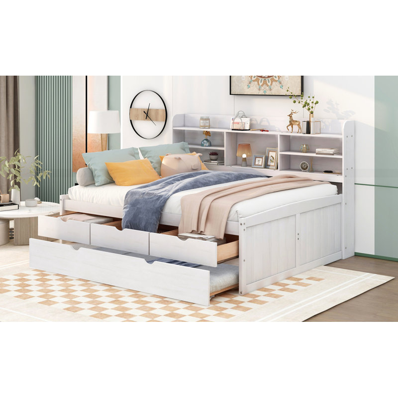 Storage Bed With Trundle, White Wash, Full